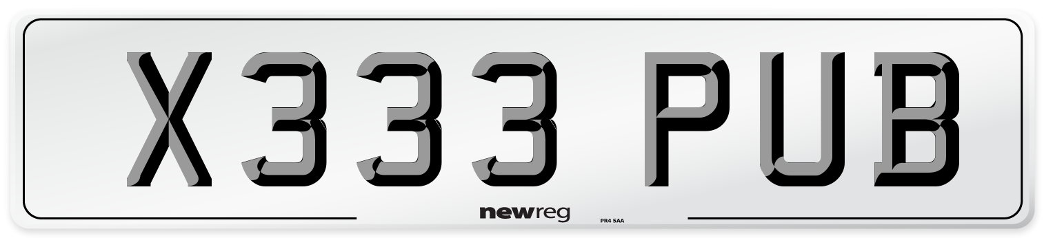 X333 PUB Number Plate from New Reg